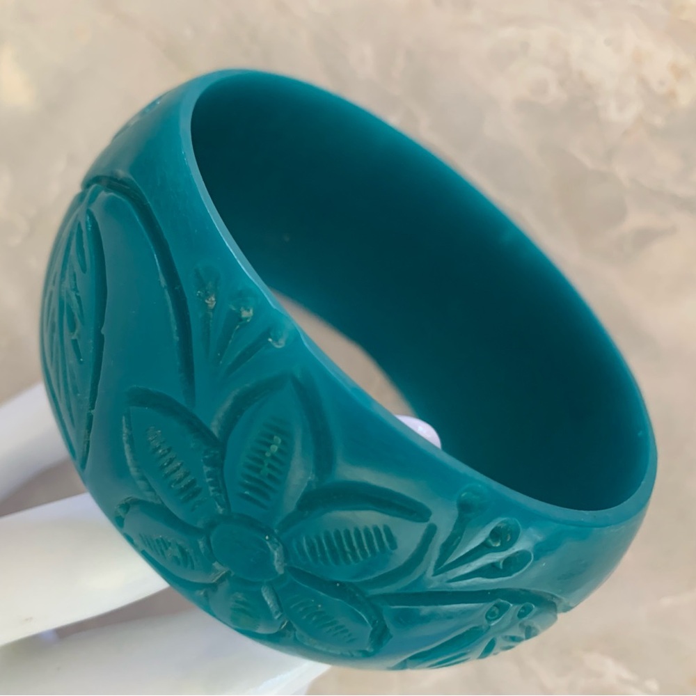 Vintage Teal Floral Acrylic Bangle Bracelet